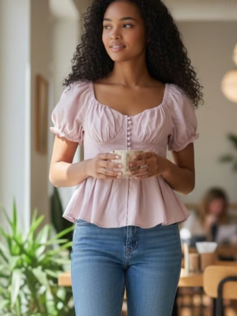 Women’s Pink Puff Sleeve Babydoll Y2K Peplum Cotton Top Blouse size M NWT